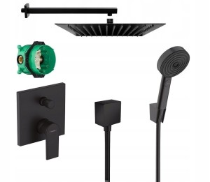 Zestaw prysznicowy podtynkowy z Hansgrohe Vernis Shape 71468670, zestaw Hansgrohe Pulsify Select S 105 3jet, deszczownica Estiva 30 cm czarny mat - 12126