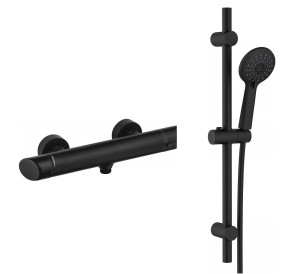 Bateria prysznicowa ścienna Deante Arnika czarny mat  z zestawem natryskowym z drążkiem BQA N40M + NGJ N51K