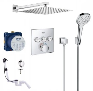 Zestaw wannowy podtynkowy termostatyczny, bateria Grohe Grohtherm SmartControl 29126000, zestaw Hansgrohe Croma 3 strumienie, deszczownica Estiva 30 cm, syfon Kludi ROTEXA MULTI - 12471