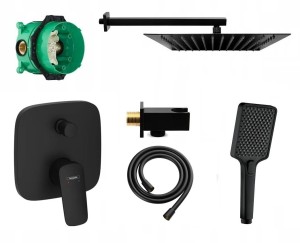 Zestaw prysznicowy podtynkowy, bateria Hansgrohe Logis 71405670, słuchawka Deante 4 funkcje, deszczownica Estiva 30 cm czarny mat - 12534