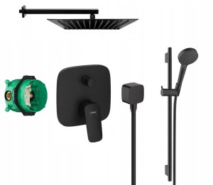 Zestaw prysznicowy podtynkowy, bateria Hansgrohe Logis 71405670, zestaw prysznicowy Vario z drążkiem 65 cm, deszczownica Estiva 30 cm czarny mat - 12540