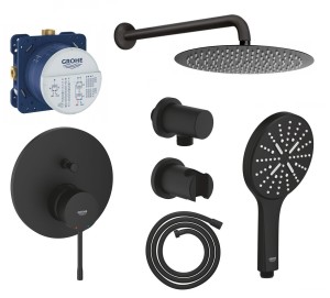 Zestaw prysznicowy podtynkowy, bateria GROHE ESSENCE 24167KF1 phantom black, Grohe Rainshower SmartActive 3 strumienie, deszczownica Estiva 30 cm czarny - 12538
