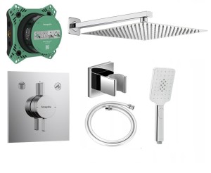 Zestaw prysznicowy podtynkowy z baterią Hansgrohe DuoTurn E 75417000, słuchawka Deante 3 srumienie, deszczownica  Estiva 30 cm - 12544