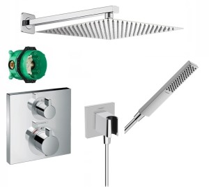 Zestaw prysznicowy podtynkowy, bateria termostatyczna Hansgrohe  Ecostat Square 15714000, słuchawka 1-funkcyjna Hansgrohe Pulsify E, deszczownica Estiva 25 cm - 12567