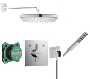 Zestaw prysznicowy podtynkowy z Hansgrohe DuoTurn E 75417000, słuchawka 1-funkcyjna Hansgrohe Pulsify E, deszczownica Grohe  Vitalio Comfort 25 cm - 12588