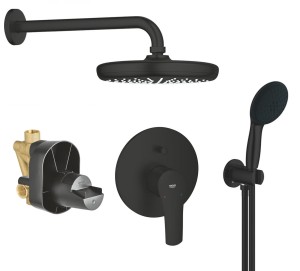 Zestaw prysznicowy podtynkowy z GROHE EUROSMART 194502433, słuchawka Grohe 2 strumienie, deszczownica Tempesta 210 czarny mat - 12652