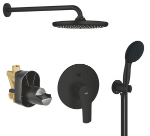 Zestaw prysznicowy podtynkowy z GROHE EUROSMART 194502433, słuchawka Grohe 2 strumienie, deszczownica Tempesta 250 czarny mat - 12653