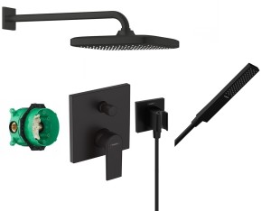 Zestaw prysznicowy podtynkowy, bateria Hansgrohe Vernis Shape 71468670, słuchawka Hansgrohe 1 strumień, deszczownica Grohe 25 cm czarny mat - 12722