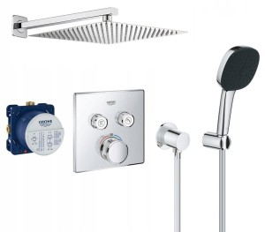 Zestaw natryskowy podtynkowy, bateria termostatyczna Grohe Grohtherm SmartControl 29124000, słuchawka Grohe 3 strumienie + deszczownica Estiva 20 cm 12733