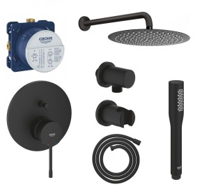 Zestaw prysznicowy podtynkowy, bateria GROHE ESSENCE 24167KF1 phantom black, słuchawka Grohe Euphoria 1 strumień,  deszczownica Estiva 30 cm czarny - 12535