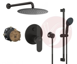 Zestaw prysznicowy podtynkowy, bateria Kludi X1 327593975, słuchawka Kludi 3 strumienie, deszczownica Estiva 30 cm czarny mat - 12875