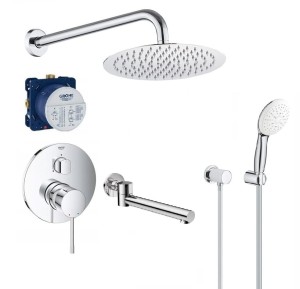 Zestaw wannowy podtynkowy, bateria GROHE Essence 24092001,  Grohe Tempesta 3 strumienie, deszczownica Estiva 30 cm, wylewka składana Deante - 12914
