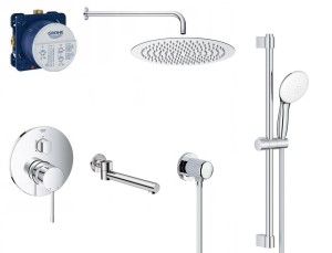 Zestaw wannowy podtynkowy, bateria GROHE Essence 24092001,  Grohe Euphoria, deszczownica Estiva 25 cm, wylewka składana Deante - 12915