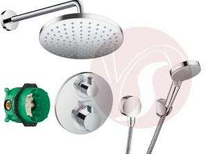 Zestaw prysznicowy podtynkowy termostatyczny Ecostat S 15758000, słuchawka Hansgrohe 2 strumienie ECO, deszczownica Hansgrohe 20 cm chrom 88002364