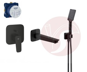 Zestaw wannowy podtynkowy z baterią Grohe Cubeo 1017782430, słuchawka Deante 3 - funkcje, wylewka Hansgrohe 19,5 cm czarny mat - 12927