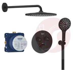 Zestaw prysznicowy podtynkowy z baterią GROHE Grohtherm SmartControl 29507KF0 phantom black, słuchawka Rainshower 3 strumienie, deszczownica Rainshower Mono 31 cm czarny mat - 12932